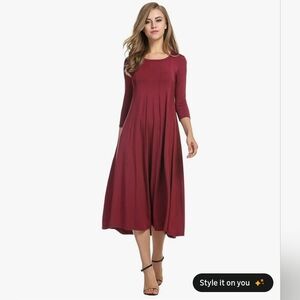 NWT 3/4 Sleeve A Line Wine Red Midi Dress L Large
